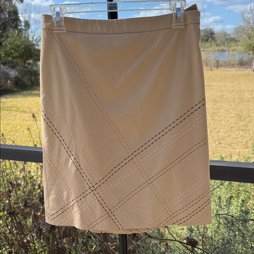 Ann Taylor Tan Pencil Skirt With Cross Stitch Design